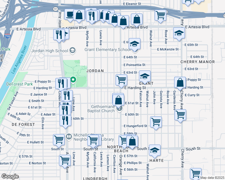 map of restaurants, bars, coffee shops, grocery stores, and more near 6190 Lemon Avenue in Long Beach