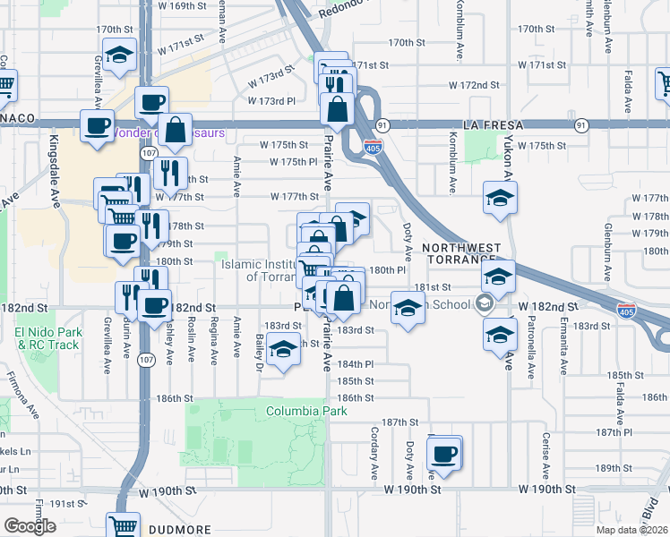 map of restaurants, bars, coffee shops, grocery stores, and more near 18055 Prairie Avenue in Torrance