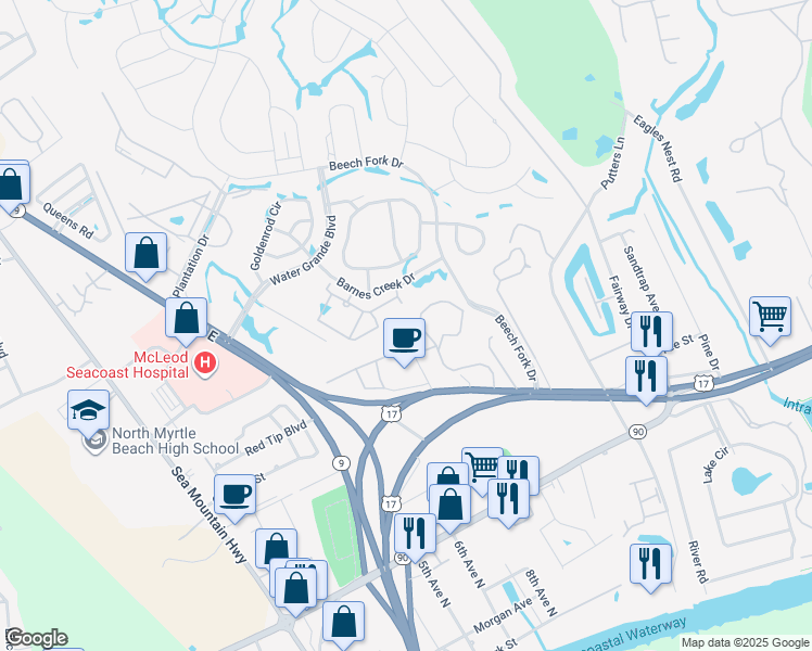 map of restaurants, bars, coffee shops, grocery stores, and more near 4357 Spa Drive in Little River