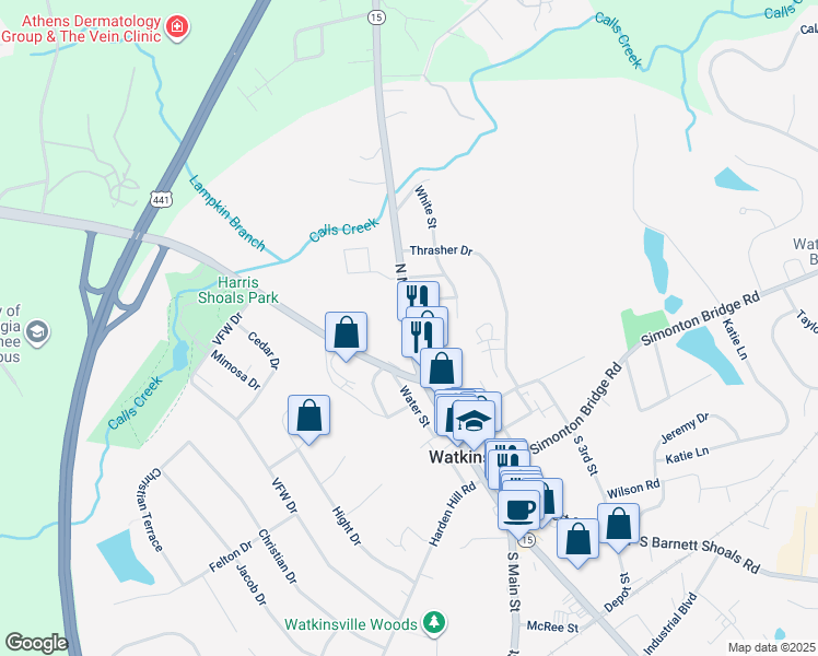 map of restaurants, bars, coffee shops, grocery stores, and more near 73 North Main Street in Watkinsville