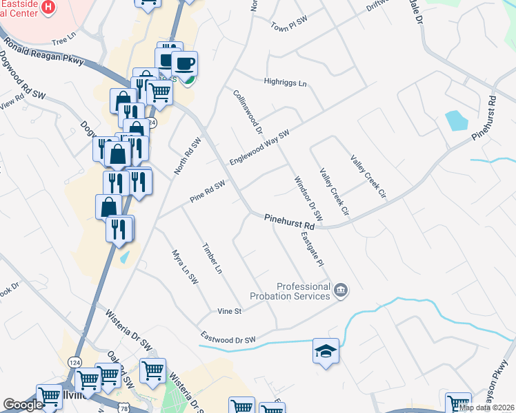 map of restaurants, bars, coffee shops, grocery stores, and more near 2089 Pinehurst Road in Snellville