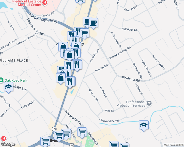 map of restaurants, bars, coffee shops, grocery stores, and more near 2221 Pine Road Southwest in Snellville