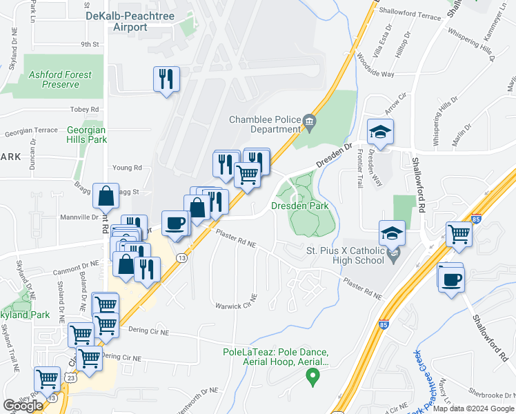 map of restaurants, bars, coffee shops, grocery stores, and more near 2198 Dresden Drive in Atlanta