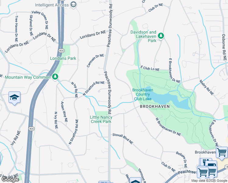 map of restaurants, bars, coffee shops, grocery stores, and more near 4105 Peachtree Dunwoody Road in Atlanta