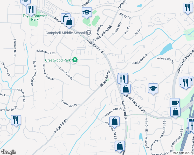 map of restaurants, bars, coffee shops, grocery stores, and more near 2014 Ivy Ridge Road Southeast in Smyrna