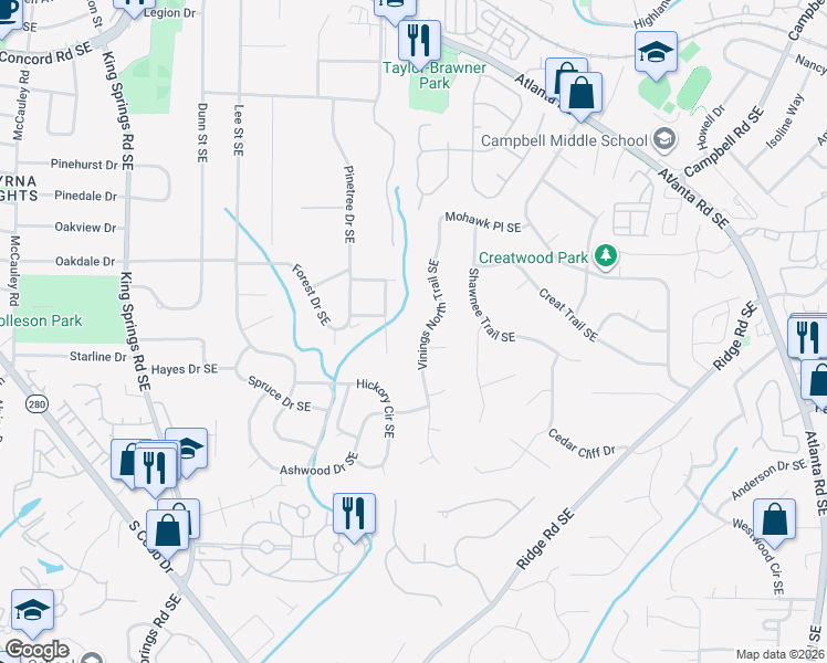 map of restaurants, bars, coffee shops, grocery stores, and more near 3482 Vinnings North Trail Southeast in Smyrna