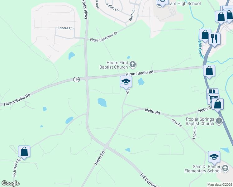 map of restaurants, bars, coffee shops, grocery stores, and more near 212 Willow Bend Drive in Hiram