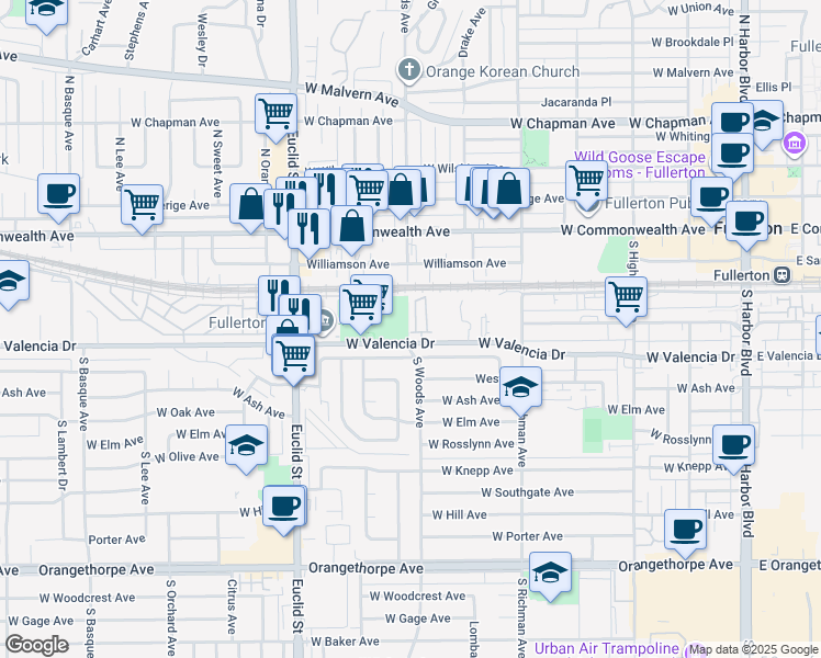 map of restaurants, bars, coffee shops, grocery stores, and more near 699 West Valencia Drive in Fullerton