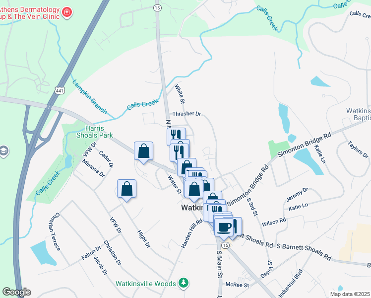 map of restaurants, bars, coffee shops, grocery stores, and more near 3 Cedar Hill Circle in Watkinsville