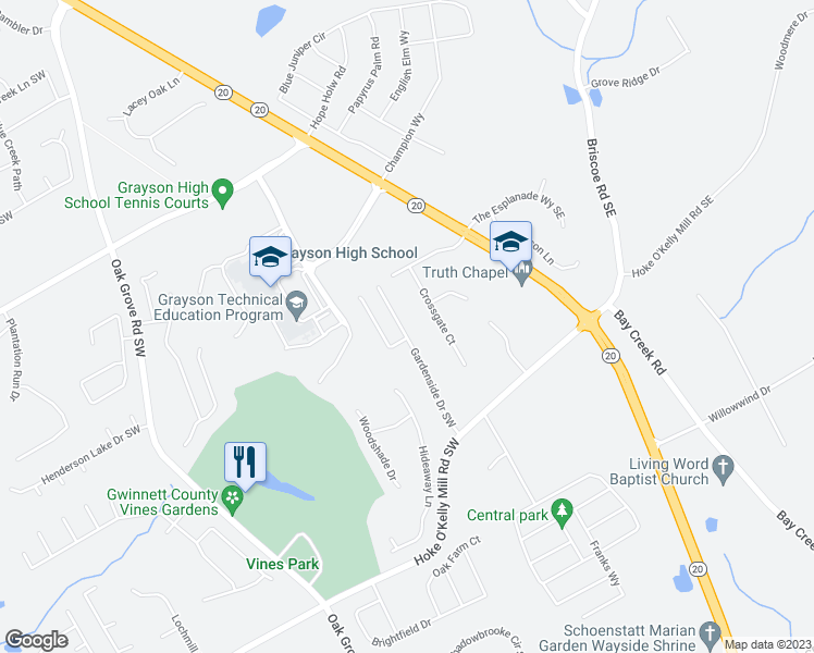 map of restaurants, bars, coffee shops, grocery stores, and more near 3400 Gardenside Drive Southwest in Loganville