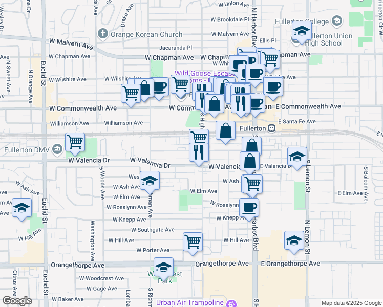 map of restaurants, bars, coffee shops, grocery stores, and more near 320 West Truslow Avenue in Fullerton