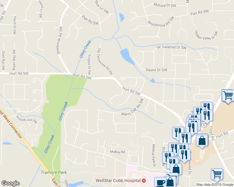 map of restaurants, bars, coffee shops, grocery stores, and more near 3601 Main Station Drive Southwest in Marietta