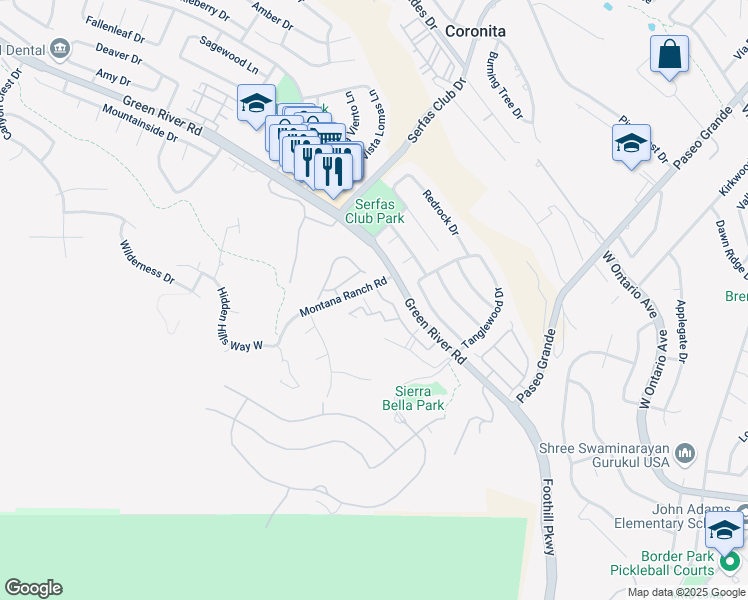 map of restaurants, bars, coffee shops, grocery stores, and more near 2525 San Gabriel Way in Corona