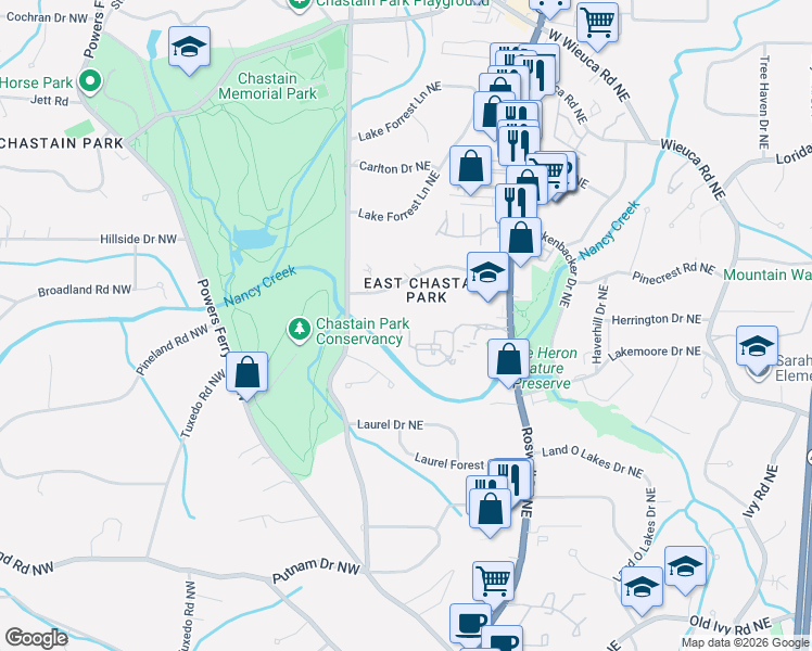 map of restaurants, bars, coffee shops, grocery stores, and more near 10201 Chastain Drive Northeast in Atlanta