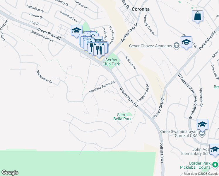map of restaurants, bars, coffee shops, grocery stores, and more near 2525 San Gabriel Way in Corona