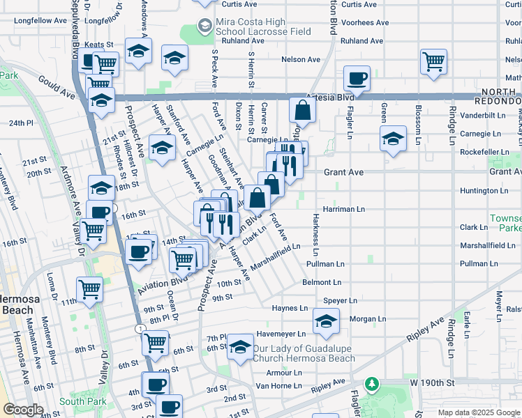 map of restaurants, bars, coffee shops, grocery stores, and more near 1415 Aviation Boulevard in Redondo Beach