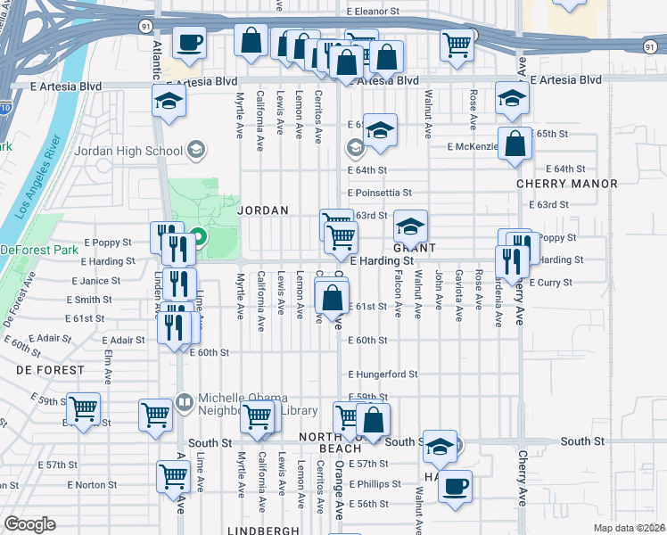 map of restaurants, bars, coffee shops, grocery stores, and more near 6191 Orange Avenue in Long Beach