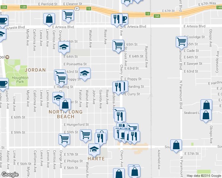 map of restaurants, bars, coffee shops, grocery stores, and more near 1826 E Harding St in Long Beach