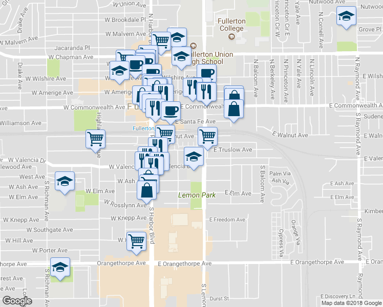 map of restaurants, bars, coffee shops, grocery stores, and more near 222 East Truslow Avenue in Fullerton