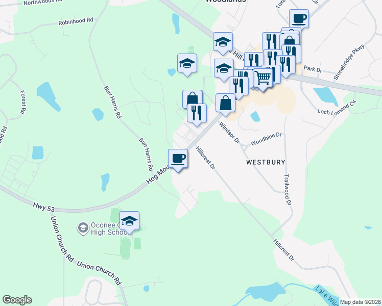 map of restaurants, bars, coffee shops, grocery stores, and more near 2411 Hog Mountain Road in Watkinsville
