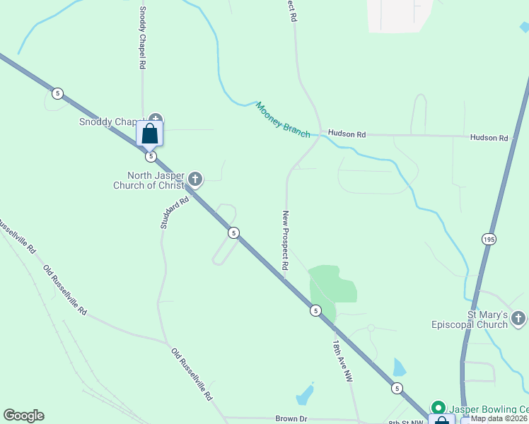 map of restaurants, bars, coffee shops, grocery stores, and more near 1604 New Prospect Road in Jasper