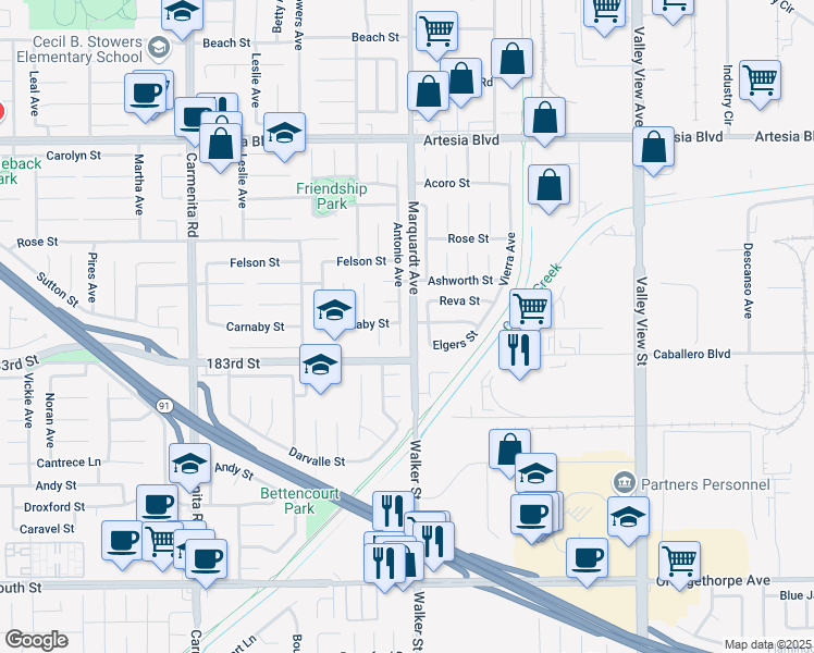 map of restaurants, bars, coffee shops, grocery stores, and more near 18102 Antonio Avenue in Cerritos