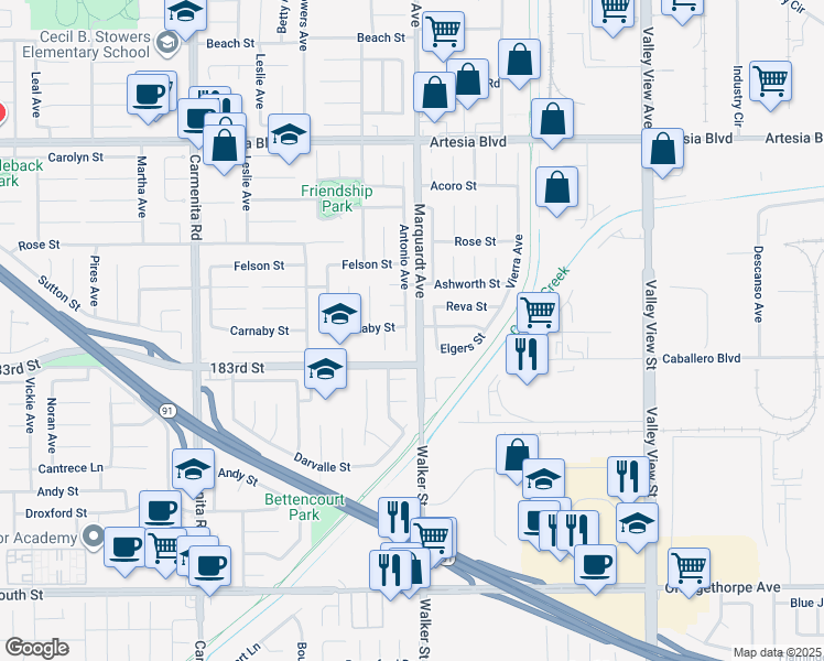 map of restaurants, bars, coffee shops, grocery stores, and more near 18102 Antonio Avenue in Cerritos