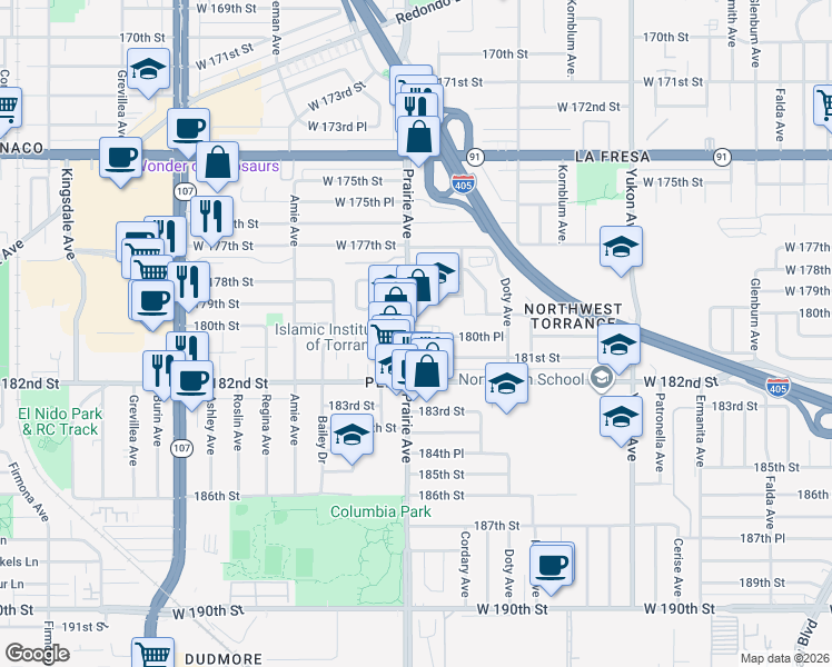 map of restaurants, bars, coffee shops, grocery stores, and more near 18055 Prairie Avenue in Torrance