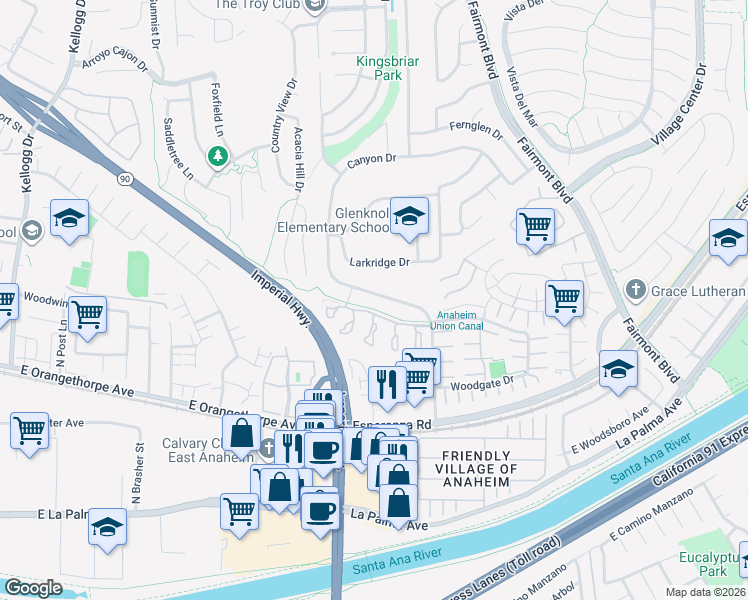 map of restaurants, bars, coffee shops, grocery stores, and more near 6521 Fairlynn Boulevard in Yorba Linda