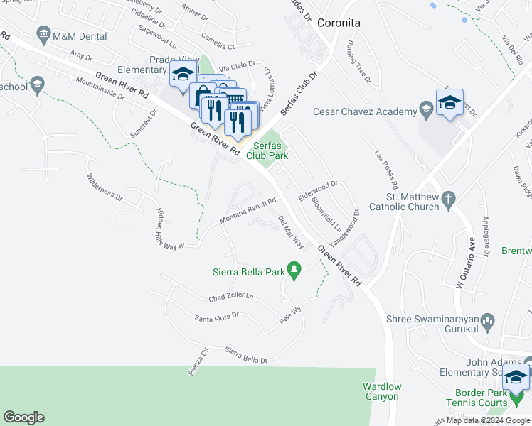 map of restaurants, bars, coffee shops, grocery stores, and more near 2525 San Gabriel Way in Corona