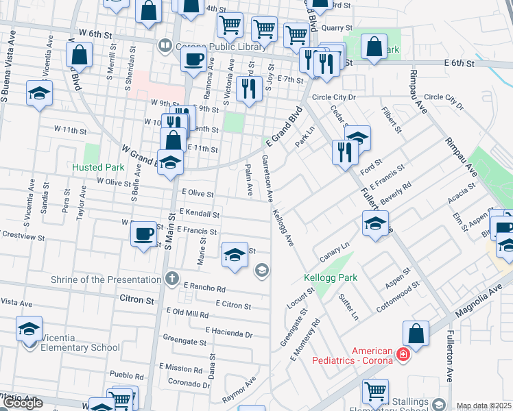 map of restaurants, bars, coffee shops, grocery stores, and more near 422 East Olive Street in Corona