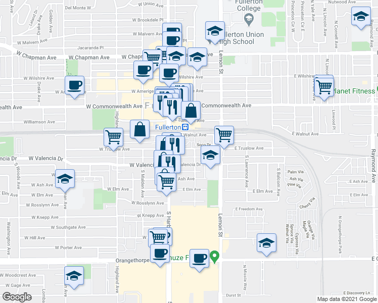 map of restaurants, bars, coffee shops, grocery stores, and more near 136 East Truslow Avenue in Fullerton
