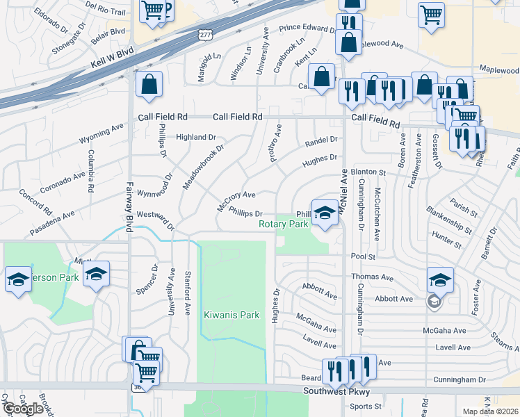 map of restaurants, bars, coffee shops, grocery stores, and more near 4406 Phillips Drive in Wichita Falls