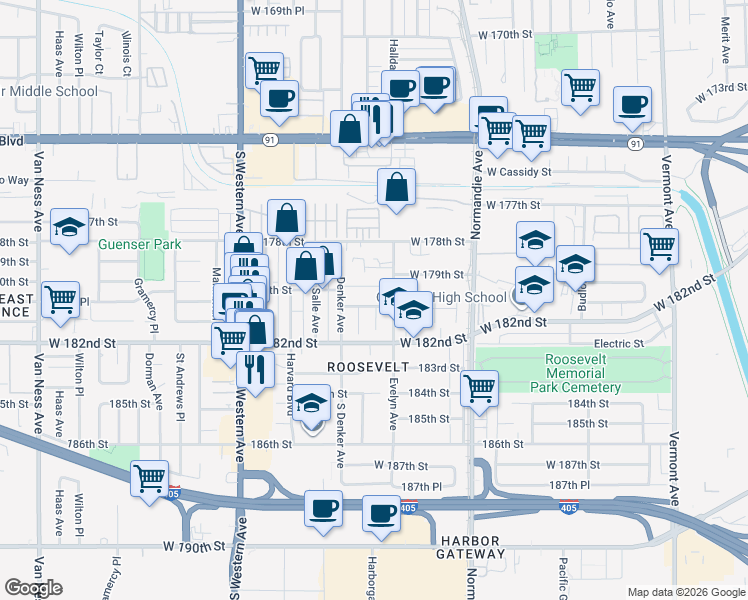 map of restaurants, bars, coffee shops, grocery stores, and more near 1517 180th Street in Gardena