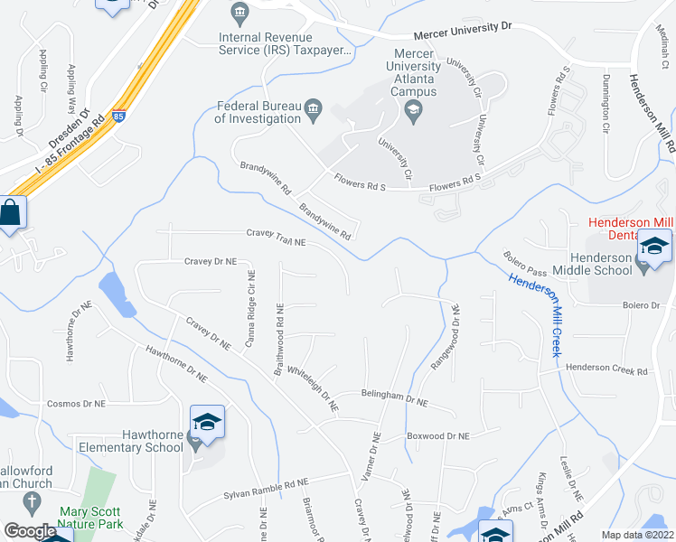 map of restaurants, bars, coffee shops, grocery stores, and more near 2989 Cravey Trail Northeast in Atlanta