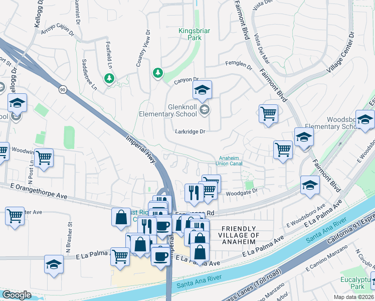 map of restaurants, bars, coffee shops, grocery stores, and more near 6521 Fairlynn Boulevard in Yorba Linda