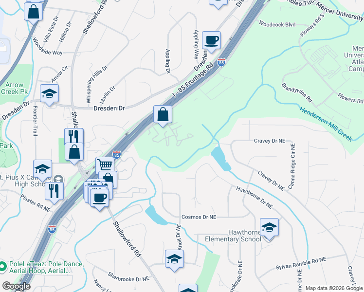 map of restaurants, bars, coffee shops, grocery stores, and more near 3095 Colonial Way in Chamblee