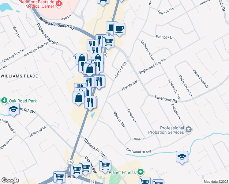 map of restaurants, bars, coffee shops, grocery stores, and more near 2221 Pine Road Southwest in Snellville