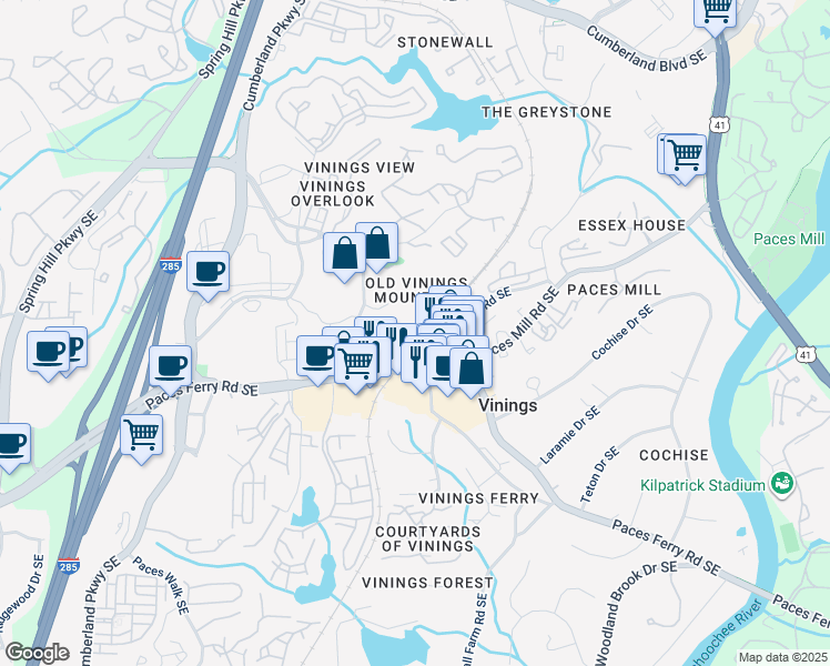map of restaurants, bars, coffee shops, grocery stores, and more near 3514 Preserve Drive Southeast in Atlanta