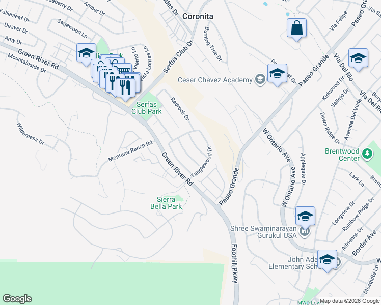 map of restaurants, bars, coffee shops, grocery stores, and more near 2299 Bloomfield Lane in Corona