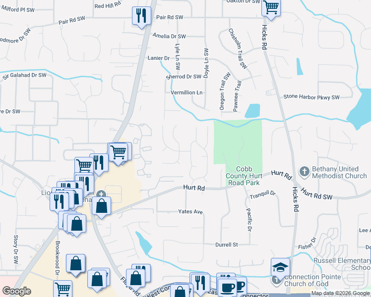 map of restaurants, bars, coffee shops, grocery stores, and more near 1052 Litchfield Way Southwest in Marietta