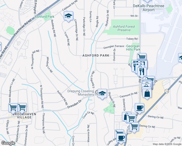 map of restaurants, bars, coffee shops, grocery stores, and more near 2732 South Bamby Lane Northeast in Atlanta