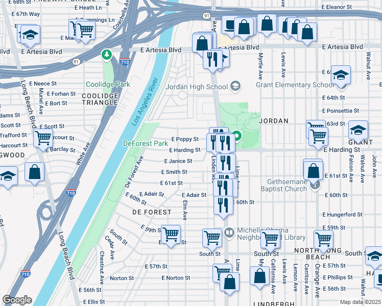 map of restaurants, bars, coffee shops, grocery stores, and more near 430 East Harding Street in Long Beach