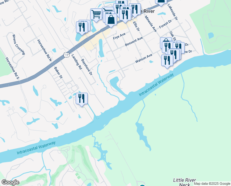 map of restaurants, bars, coffee shops, grocery stores, and more near 4396 Baldwin Avenue in Little River