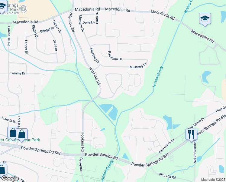 map of restaurants, bars, coffee shops, grocery stores, and more near 3599 Hopkins Court in Powder Springs
