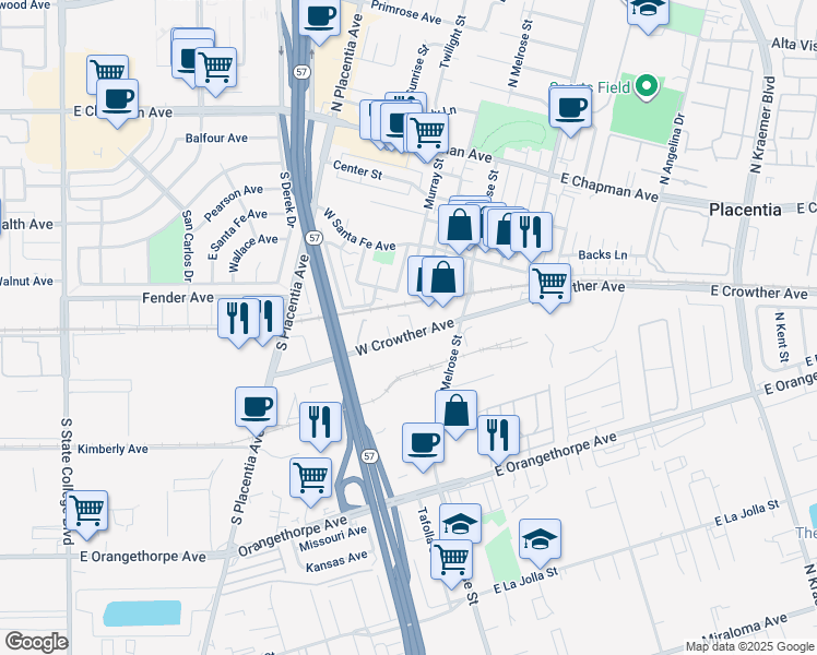 map of restaurants, bars, coffee shops, grocery stores, and more near 413 West Crowther Avenue in Placentia