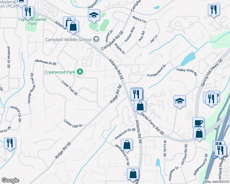 map of restaurants, bars, coffee shops, grocery stores, and more near 3509 Ivy Manor Road Southeast in Smyrna