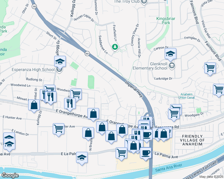 map of restaurants, bars, coffee shops, grocery stores, and more near 1795 North Willow Woods Drive in Anaheim
