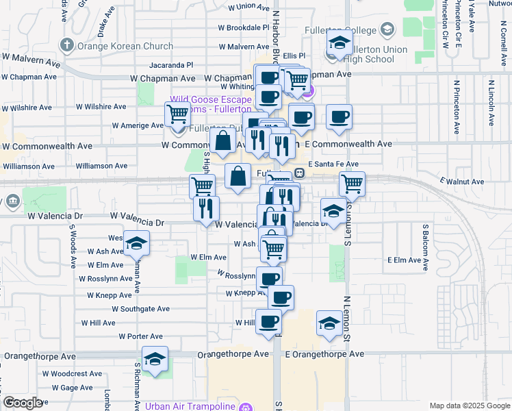 map of restaurants, bars, coffee shops, grocery stores, and more near 130 West Truslow Avenue in Fullerton