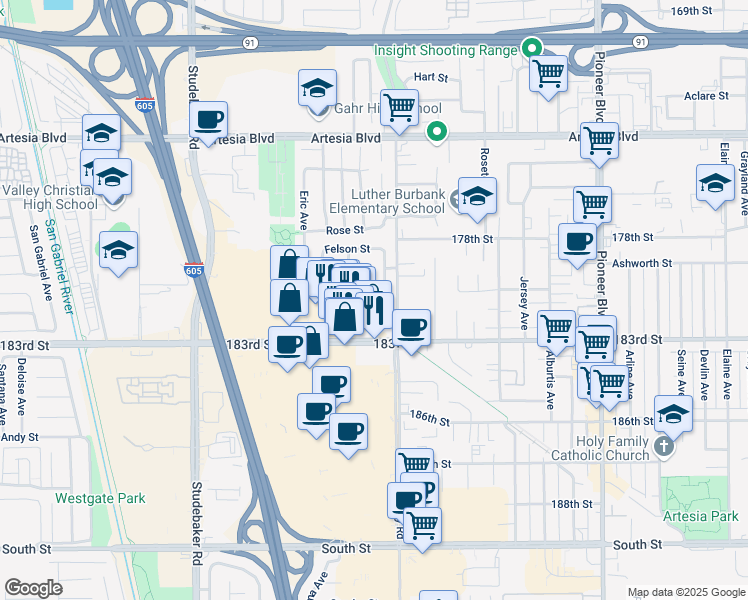 map of restaurants, bars, coffee shops, grocery stores, and more near 11345 Sharon Street in Cerritos